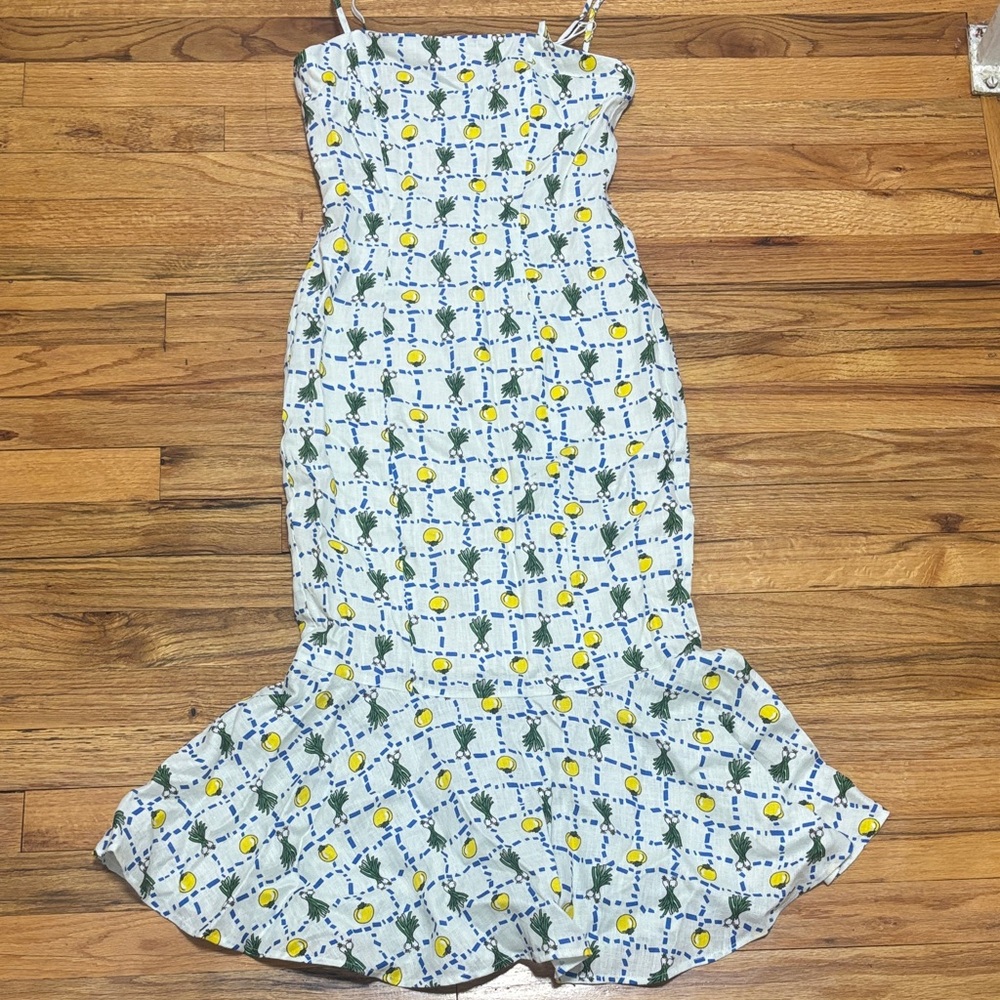 STAUD White and Blue Dress with Lemon Print